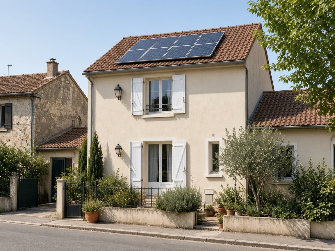 Maison de bourg à tuiles, modules sur le toit, voisins de part et d'autre