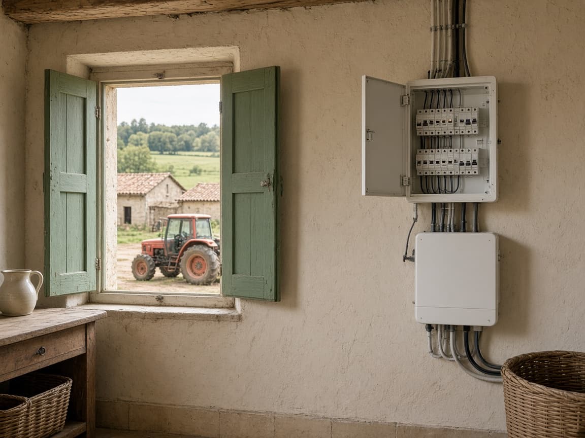 Tableau électrique dans la ferme, fenêtre aux volets verts ouvrant sur le tracteur