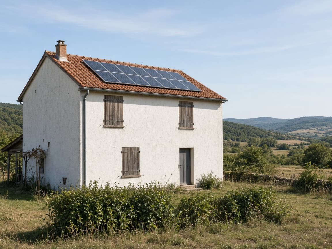 Maison rurale à tuiles canal avec des modules photovoltaïques sur un versant